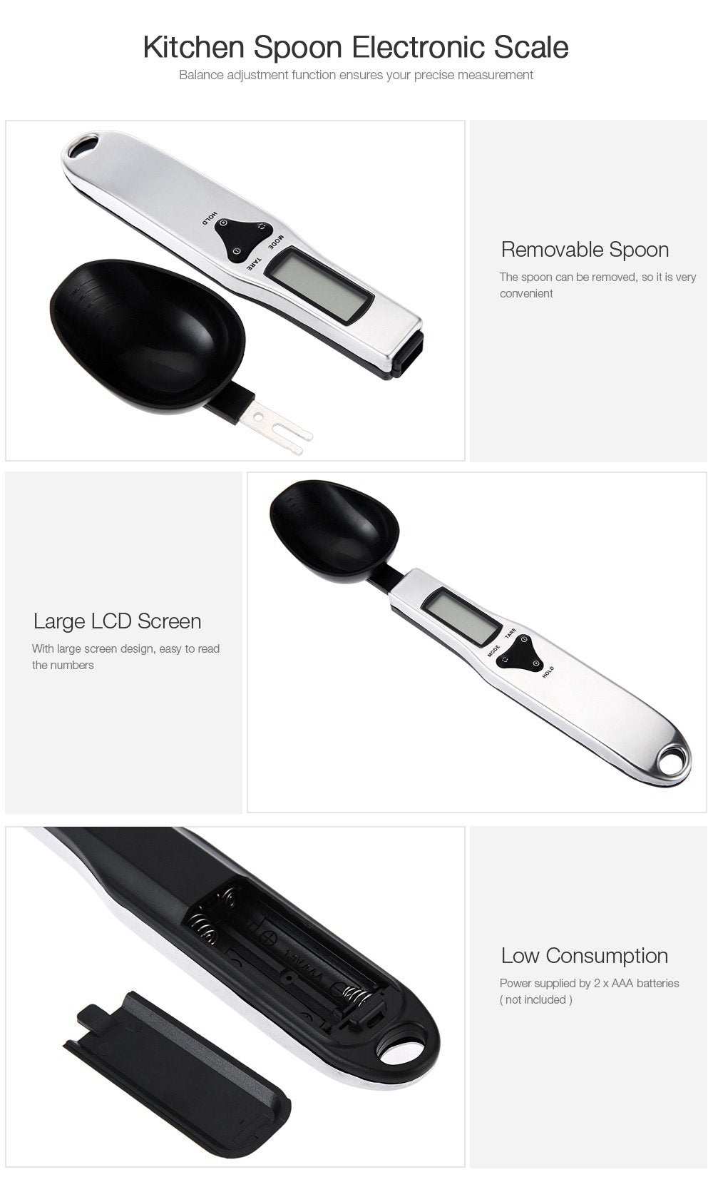 LCD Digital Kitchen Measuring Spoon Scale with 0.1g accuracy and removable spoon