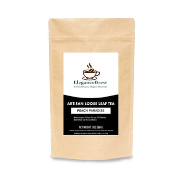 Peach Paradise - Juicy and luscious smooth, refreshing, artisan loose leaf tea by Elegance Brew in a kraft resealable pouch with white label.