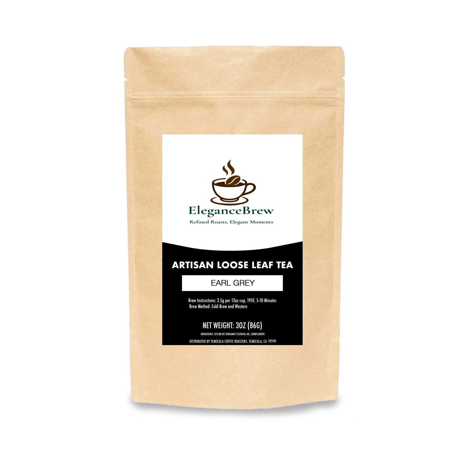 Earl Grey - Sophisticated and timeless black tea leaves are infused with citrusy Italian bergamot oil in this artisan loose leaf tea by Elegance Brew.
