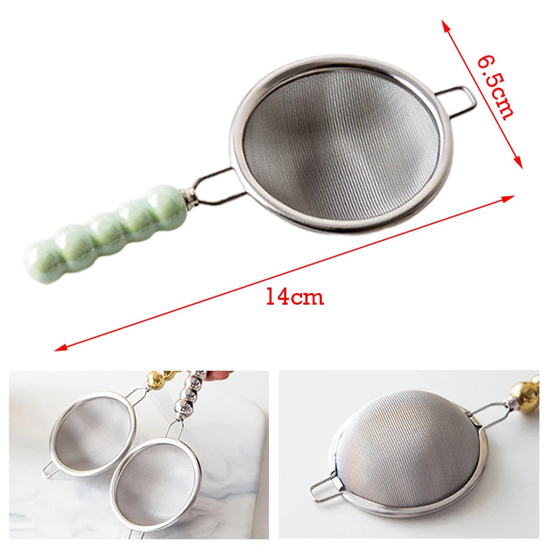 Tea Strainer with Ceramic Handle Reusable Stainless Steel Fine Leak Mesh Sieve Spice Tea Leaf Coffee Filters Teapot Accessories