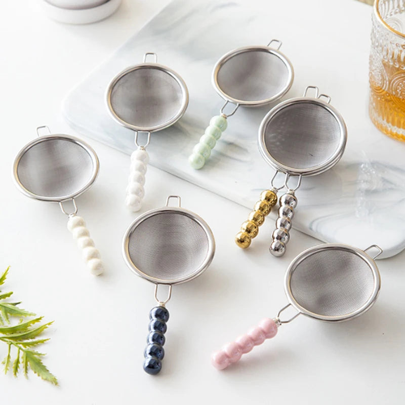 Tea Strainer with Ceramic Handle Reusable Stainless Steel Fine Leak Mesh Sieve Spice Tea Leaf Coffee Filters Teapot Accessories