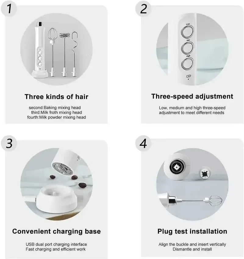Handheld Electric Milk Frother 3 In 1 Milk Foam Maker Rechargeable 3 Speeds Adjustable Electric Foam Maker Tools Mini Milk Mixer