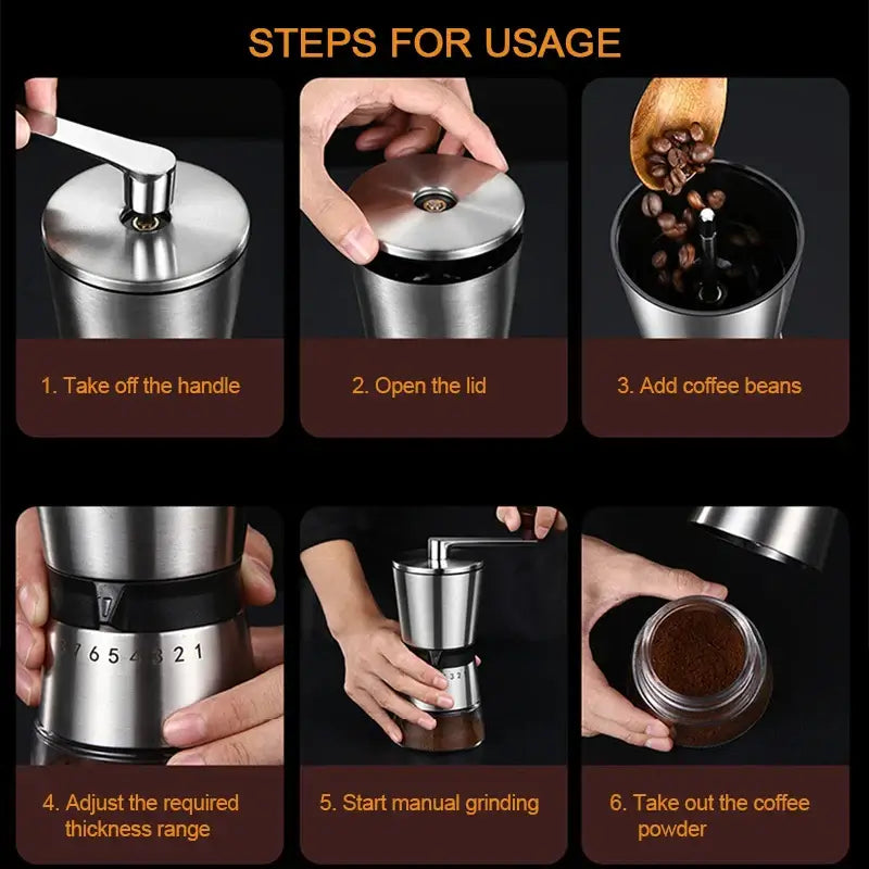 Adjustable manual coffee grinder with ergonomic hand crank design