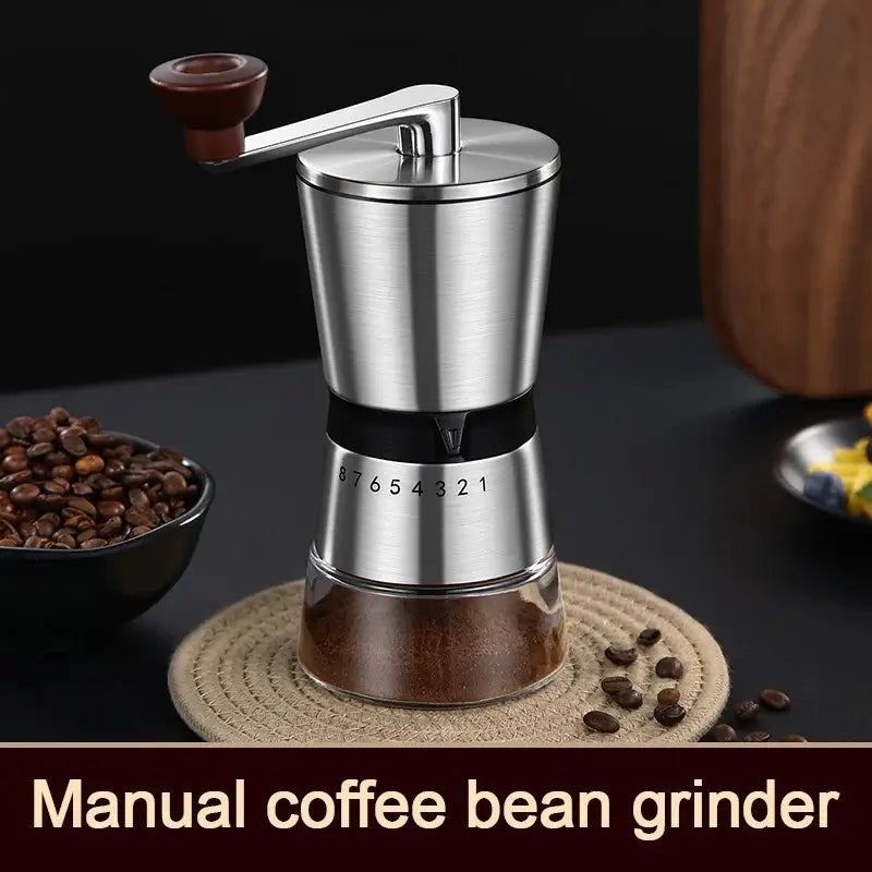 Manual hand coffee mill with 6-inch height and 2-inch diameter for easy storage