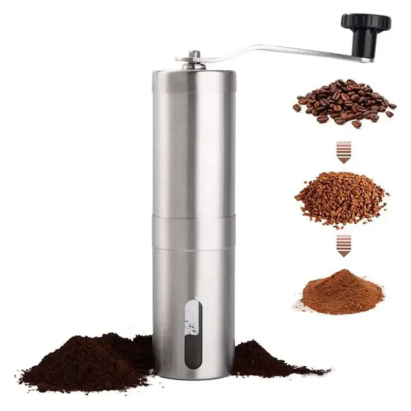 Manual stainless steel coffee grinder with hand crank, showing grounds and adjustable settings for various coffee types.