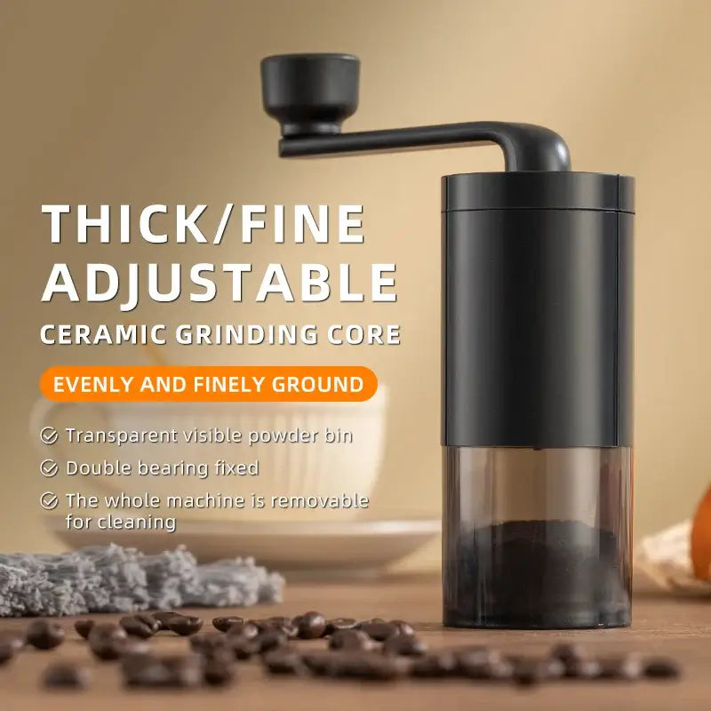 Manual ceramic coffee grinder with adjustable thickness and transparent powder bin for easy cleaning.