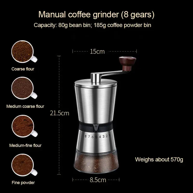 Portable hand coffee mill with adjustable settings for home use