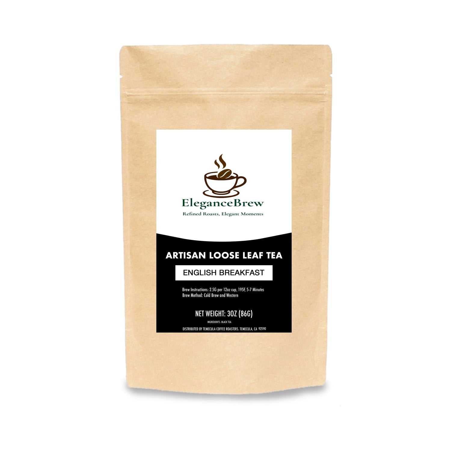 English Breakfast - a blend of premium Assam and Ceylon tea leaves in a kraft pouch by Elegance Brew. Bold artisan loose leaf tea, 3oz pack.