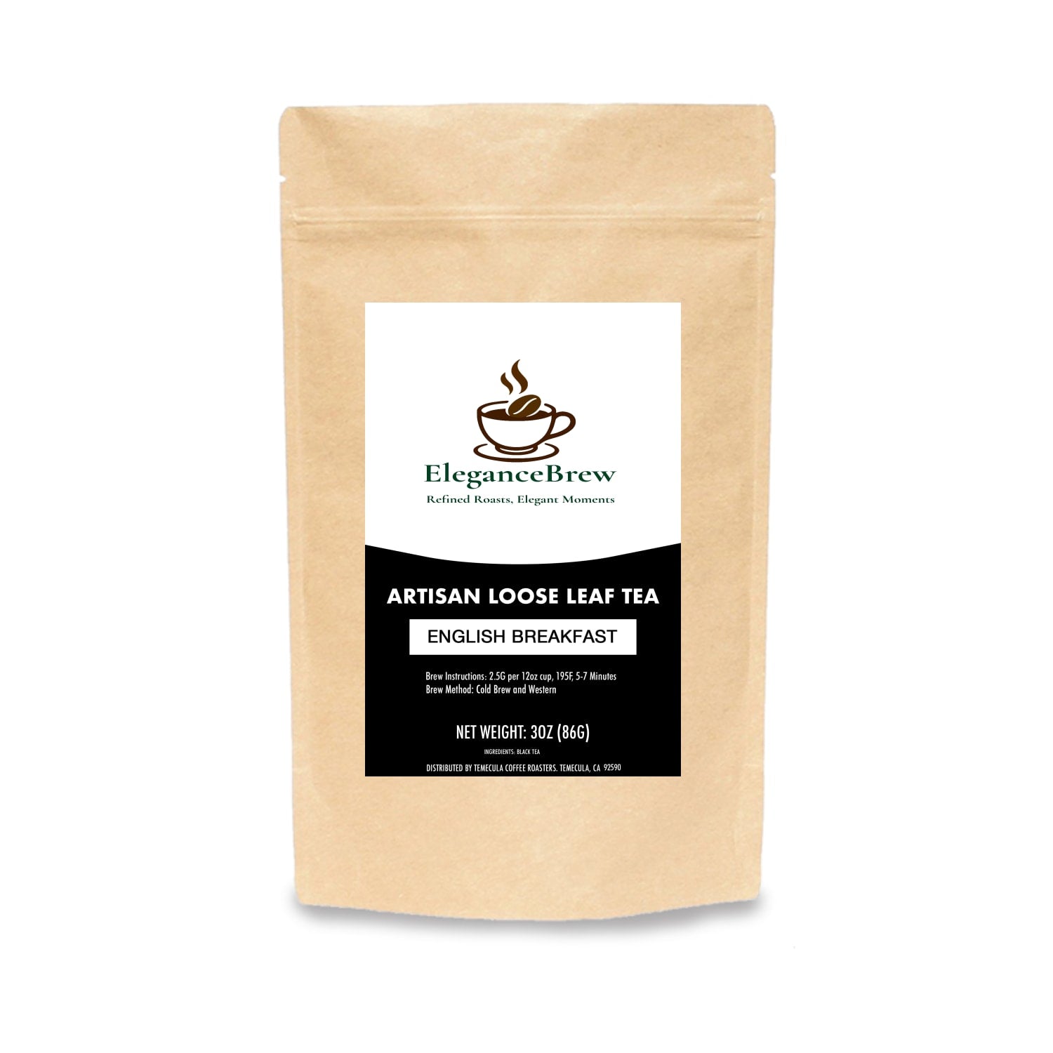 English Breakfast - a blend of premium Assam and Ceylon tea leaves in a kraft pouch by Elegance Brew. Bold artisan loose leaf tea, 3oz pack.