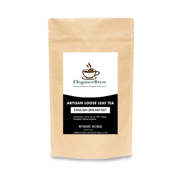 English Breakfast - a blend of premium Assam and Ceylon tea leaves in a kraft pouch by Elegance Brew. Bold artisan loose leaf tea, 3oz pack.